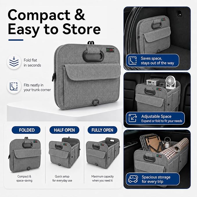 PAT SAM'S Trunk Organizer for SUV, Collapsible Car Trunk Organizer with Dividers, Waterproof 600D Oxford, Non-Slip Storage Organizer for Groceries, Tools, Travel, Truck & Car (Grey)