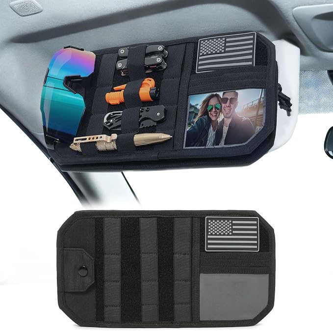 MOLLE Car Sun Visor Organizer, Semi-Rigid No-Sag Panel with Zipper Pouch, Glasses Clip & ID Slot, Tactical Visor Storage for Trucks SUVs Cars