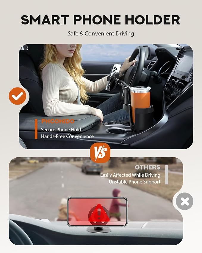 2 in 1 Universal Cup Holder Phones Mount for Car, Cup Holder Expander with Adjustable Base, 360° Roatation Cell Phone Holder with Long Arm Compatible with iPhone All Smartphones