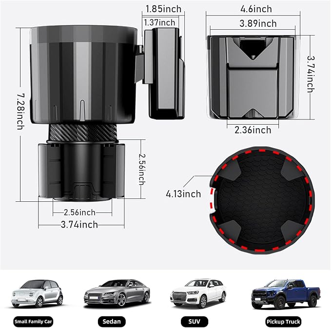 Car Cup Holder Expander Adapter, Adjustable 3 in 1 Cup Holder Expander with Phone Holder & Card Organizer, Fits Less Than 4.1'' Bottles for 2.56''-3.94'' Cup Holder, Car Accessories