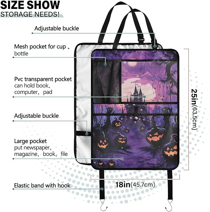 Purple Halloween Bat Pumpkin 1 Pack Backseat Car Organizer with Storage Pockets Seat Back Organizers for Kids Kick Mats Backseat Protector Automotive