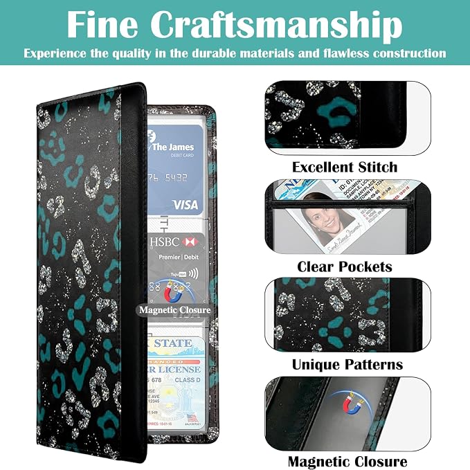 Car Registration and Insurance Holder with Magnetic Closure, Universal Document Organizer for License, Insurance Cards & Glove Box Storage (Leopard-Green and Silver)