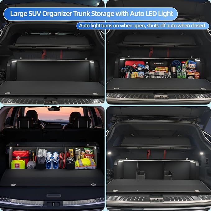 Car Trunk Storage Organizer with Light, Waterproof Trunk Organizer with Lid & Sturdy Handle, Leather SUV Cargo Storage Box Powered by 4 AA Batteries (Batteries Not Included) (37 inch)