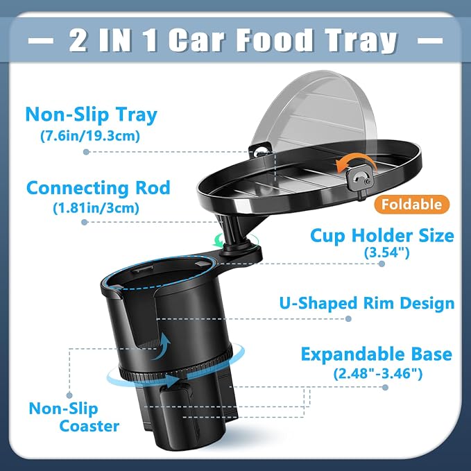 SAMPUSS 2-in-1 Car Cup Holder Tray Car Food Tray Car Table Car Seat Tray | 2-in-1 function foldable and detachable function 360°rotation road trip essentials car accessories interior
