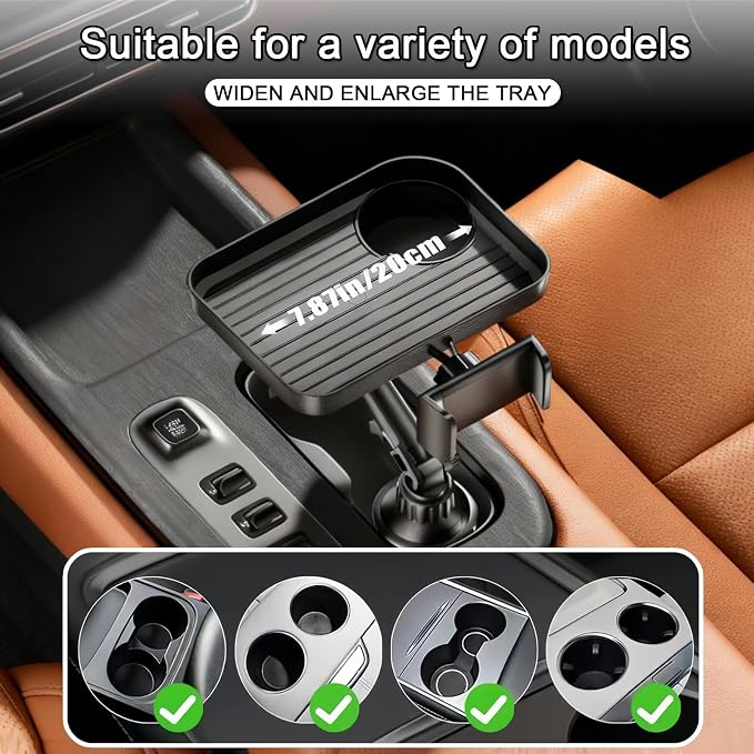 Vehicle-Mounted Multifunctional Water Cup Holder Tray Black Adjustable Cup Holder Dining Plate Expandable Bracket Storage Space-Saving (Tray + Phone Stand)