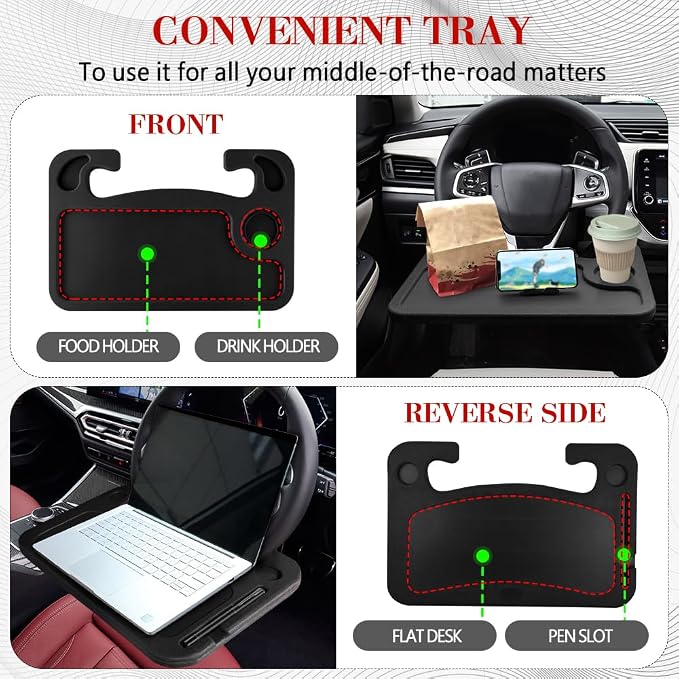 2 in 1 Car Steering Wheel Desk, Car Tray, Car Steering Wheel Desk Tray & Auto Seat Gap Filler Organizer, Multipurpose Travel Auto Steering Wheel Under Table Console for Most Vehicles (Black)