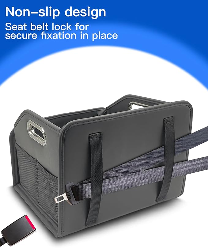 Car Storage Organizer, Foldable with Removable Dividers, PU Leather Seat Organizer with Metal Handle, Non-Slip Stable Design, Passenger Front Seat Storage for Back Seat & Floor, 12.6 Inches
