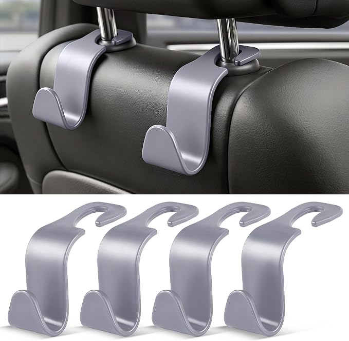 SINGARO 4 Pack Car Seat Headrest Hooks, Vehicle Back Seat Hanger Storage Organizer for Purse Handbag Backpack Coat Grocery, 360° Rotating Heavy Duty Holds 44lbs, Gray