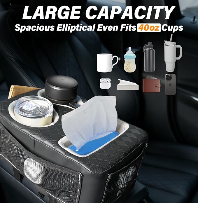 Center Console Cup Holder, Universal Car Armrest Storage Box with Bottle Holder & Tissue Slot & Side Pockets, Car Back Seat Truck Boat Couch Organizer PU Leather