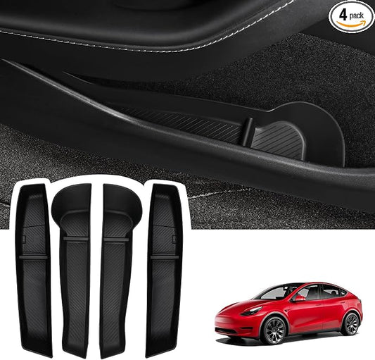 BASENOR 2024-2020 Tesla Model Y Door Side Storage Box with Emergency Button Cutout, Door Organizer Pocket Liners, Waterproof TPE Front & Rear Side Tray Protector Liner Set of 4