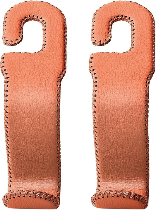 AMVOYOA Leather Hooks for Headrest - Fully Leather-Wrapped U-Shaped Purse Holder for Car, Flexible Seat Back Organizer & Durable Car Accessories for Purses, Bags, Coats & More (Brown, 2 Pack)