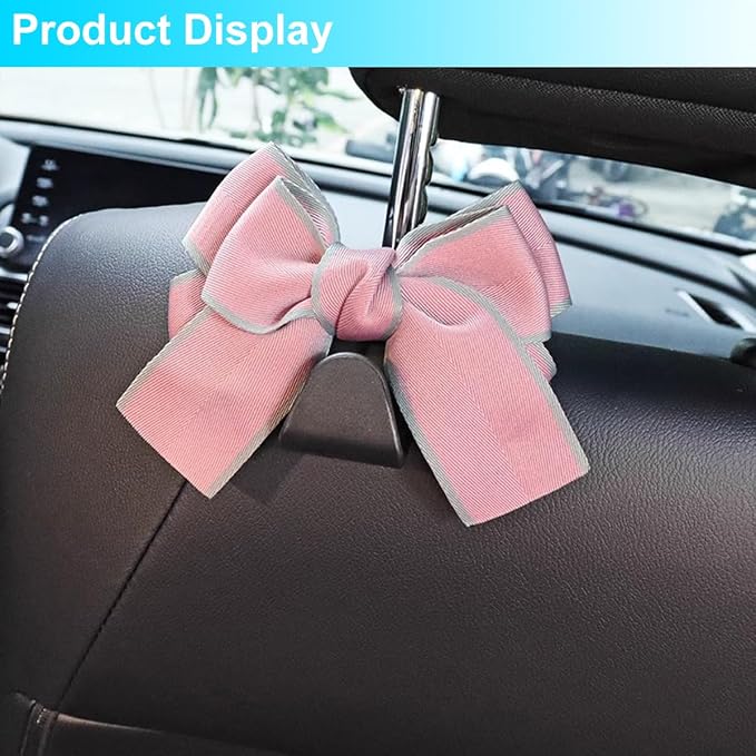 Mandark 2PCS Car Seat Headrest Hooks, Cute Bow Vehicle Hooks for Purses and Bags, Auto Purse Hook Hanger Interior Decoration Accessories, Universal for SUV, Sedan, Truck (Pink Line)