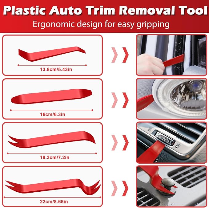 DOAHO 17Pcs Mechanic Hook and Pick Tool Set & Car Trim Removal Kit with Fastener Clip Pliers,Rivet Puller,Magnetic Pickup,Gasket Scraper,Non-Scratch Plastic Pry Tools for Automotive Repair-Red