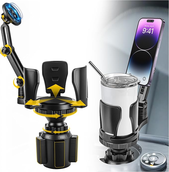 Frani Car Cup Holder Expander with Magnetic Phone Mount - Adjustable Insert Fits 2.68-4.33" Holders, 360° Adjustable Neck & Strong N52 Magnets for iPhone Samsung
