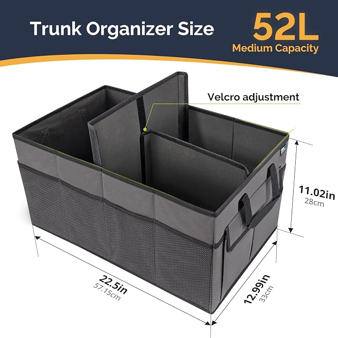 MIU COLOR Car Trunk Organizer, Foldable Car Organizer, 12 Pockets with Non-Slip Bottom, Collapsible 2 Compartments Car Storage Organizer for Grocery/Suv/Jeep/Sedan/Van, Dark Gray