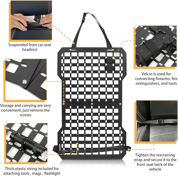 MAIKER Rigid Molle Panels For Vehicles Truck Mount Rack Panel Tactical Seat Back Organizer Adjustable Versatile Panel with Hook and Loop Fasteners & Elastic Rope for Storage Gears Accessories, Black
