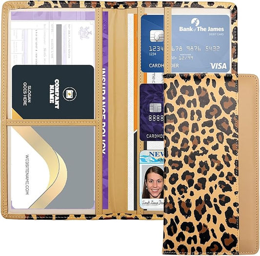 Car Registration and Insurance Holder with Magnetic Closure, Universal Document Organizer for License, Insurance Cards & Glove Box Storage (Leopard-Brown)