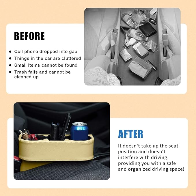 Car Cup Holder, PU Leather Auto Front Seat Organizer, Multifunctional Cup Drink Holders, Gap Filler Storage Box Coin Bucket Console Side Pocket Cell Mobile Phone Holder (Beige)