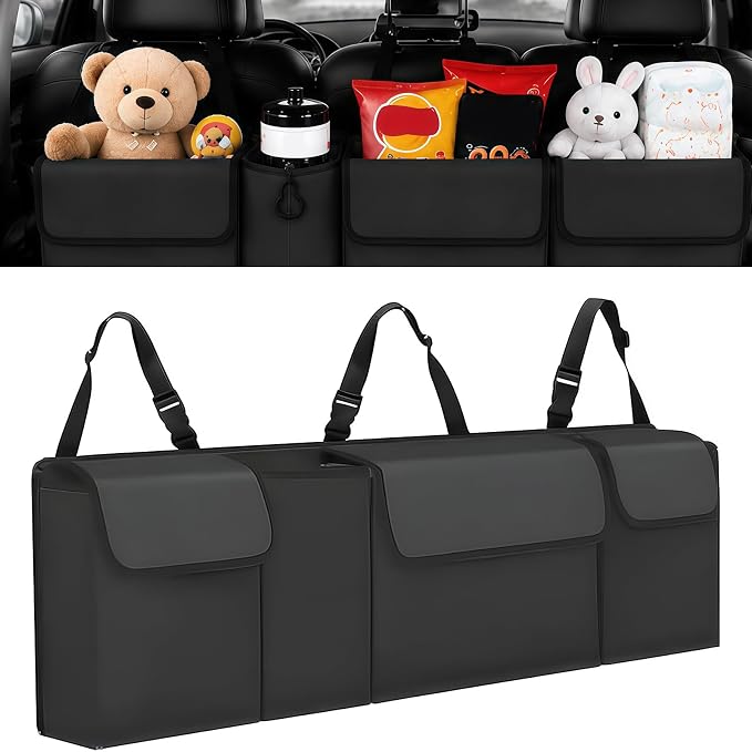 Car Trunk Organizer – Backseat Hanging Large Storage Bag with Adjustable Straps, Waterproof Collapsible Cargo Organizer with 4 Pockets, Space-Saving Trunk Storage for SUV Truck MPV (Black)