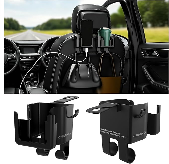 OFBAND 2PCS Multifunctional Car Cup Holder + Car Phone Holder + Car Purse Hook,Hanging Back Seat Car Organizer with Headrest Hooks,Universal Car Organizer Car Accessories Interior
