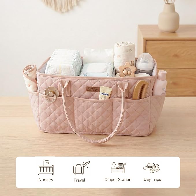 Konssy Quilted Diaper Caddy Organizer, Diaper Caddy Basket with PU Leather Handles, Water-Repellent Nursery Storage Basket, Portable Car Organizer, Registry Search Must Haves (Blush Pink)