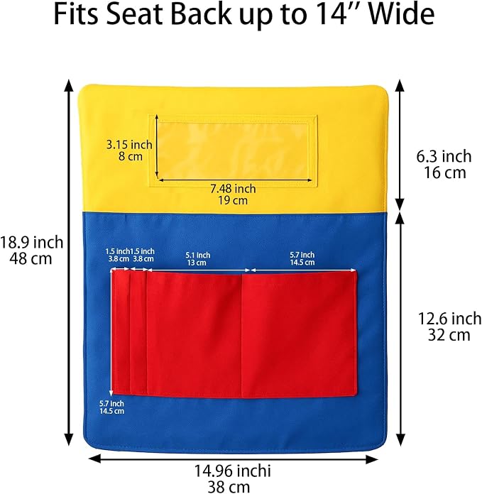 25 PCS Chair Pockets for Classroom Chairs, 15"W x 19"H Seat Sacks with 5 Pockets, Durable 600D Oxford Student Chair Bag Organizer with Name Tag Slot for K-5 Kindergarten School, Colorful