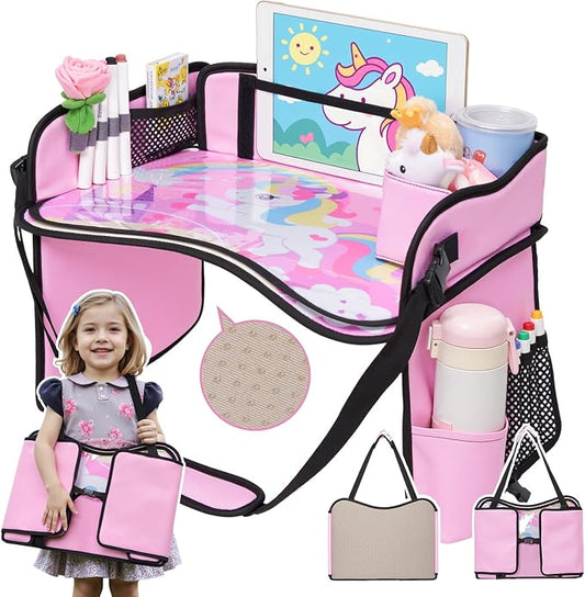 OUOZZZ Kids Travel Tray for Car, Girl's Safety Seat Table | Weight-Relief Strap, Non-Skid Silicone Base, Waterproof Dining/Craft Mat, Carseat/Airplane Lap Desk