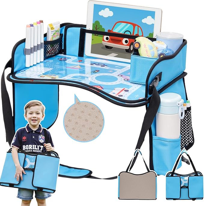 Kids Travel Tray for Car, Boy's Safety Seat Table, Carseat Lap Desk | Weight-Relief Strap, Non-Skid Silicone Base, Waterproof Dining/Craft Mat