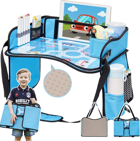 Kids Travel Tray for Car, Boy's Safety Seat Table, Carseat Lap Desk | Weight-Relief Strap, Non-Skid Silicone Base, Waterproof Dining/Craft Mat