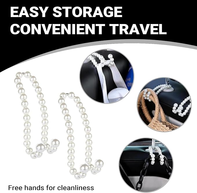 2 PCS Car Seat Headrest Hooks, Cute Pearl Car Purse Hook, Stainless Steel Auto Seat Backrest Storage Hook, Universal Automotive Interior Organizer Accessories for Women Girls (White)