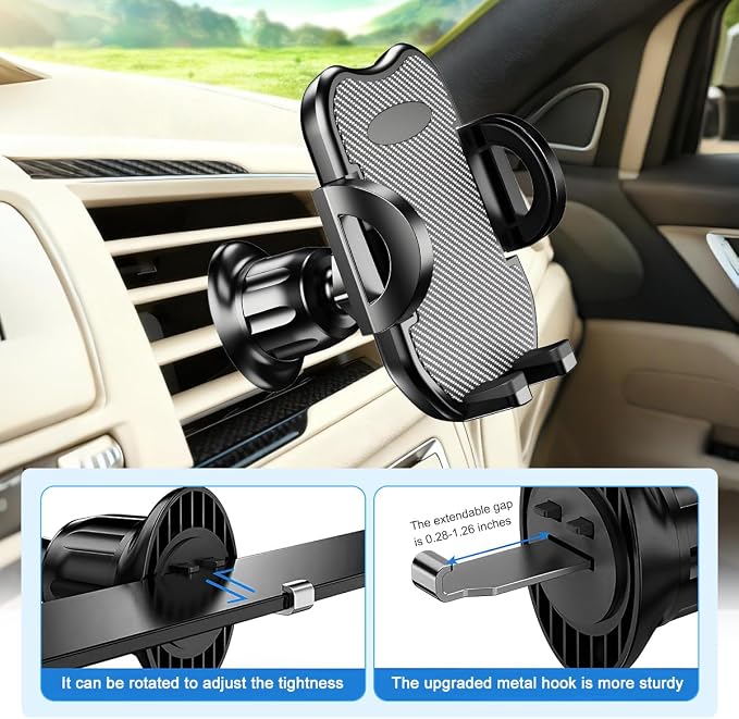 Car Phone Holder, 360° Rotatation Vehicle Air Vent Cell Phone Mount with Hook Clip, Hands Free Automotive Interior Smartphones Cradle, Universal for Most Vehicles (Carbon Fiber)