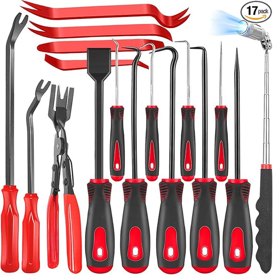 DOAHO 17Pcs Mechanic Hook and Pick Tool Set & Car Trim Removal Kit with Fastener Clip Pliers,Rivet Puller,Magnetic Pickup,Gasket Scraper,Non-Scratch Plastic Pry Tools for Automotive Repair-Red
