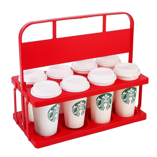 Bodaon 8 Cup Drink Carrier with Handle, Plastic Cup Carriers for Drinks, Drink Holder for Car, Take Out Delivery Drivers Accessories, Portable Foldable Reusable Mobile, Use for Food Delivery Bag, Red