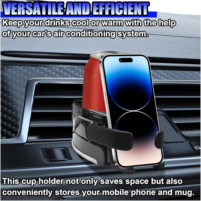 Car Air Vent Cup Holder, 2-in-1 Adjustable Cup & Phone Mount for Vehicle, Multifunctional Cars Ashtray Holders, Universal Auto Drink Bracket for Water Bottle (Black)