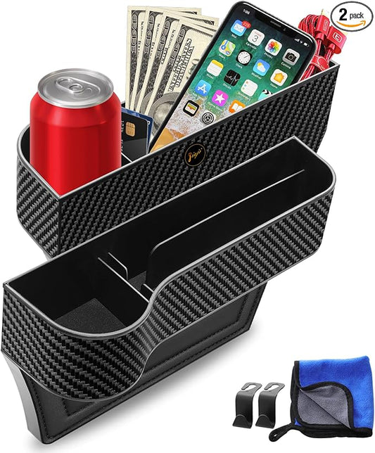 Car Seat Gap Filler, 2 Pack Car Seat Gap Filler Organizer with Cup Holders & 2 Seat Hooks, Car Console Storage Organizer, Car Organizer Front Seat for Storing Phones, Keys, Drinks, Sunglasses