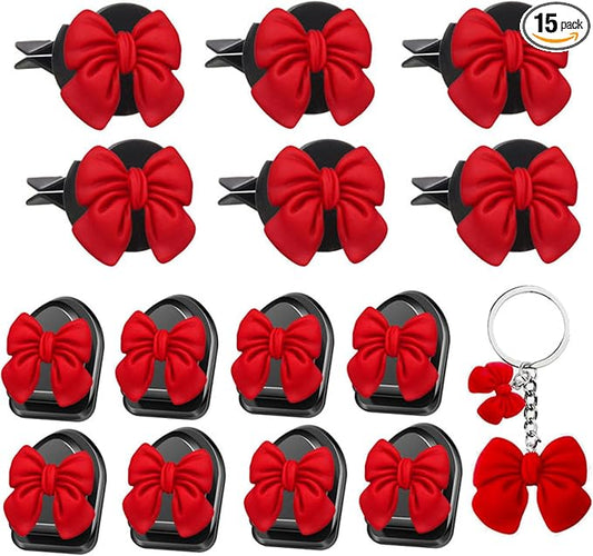 15 pcs Bow Car Air Freshener with Car Mini Hooks Coquette Cute Girly Car Decor Accessories Interior Aesthetic Decorations Stuff for Women Girl (Red, Medium)