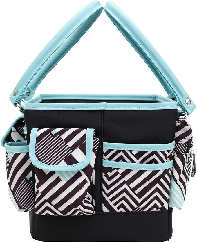 Everything Mary Teal Geometric Deluxe Store and Tote - Storage Organizer Bag for Crafts, Sewing, Paper, Art, Desk, Canvas, Supplies Storage Organization - Travel Art Box with Handle