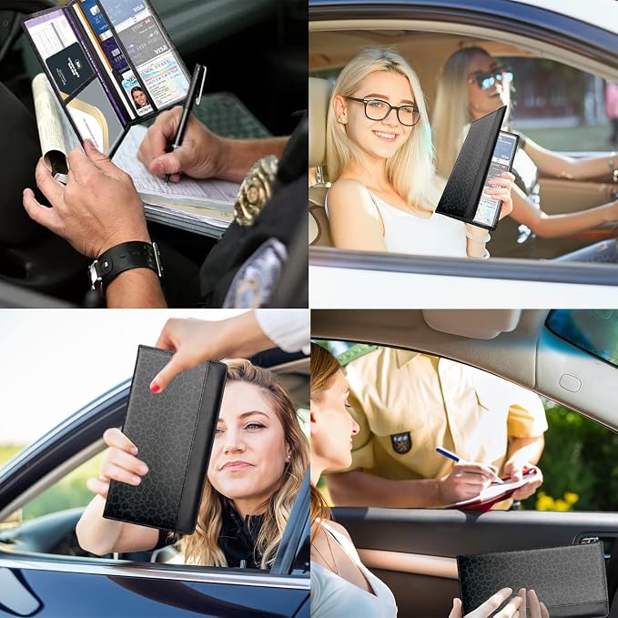 Car Registration and Insurance Holder with Magnetic Closure, Universal Document Organizer for License, Insurance Cards & Glove Box Storage (Leopard-Black)
