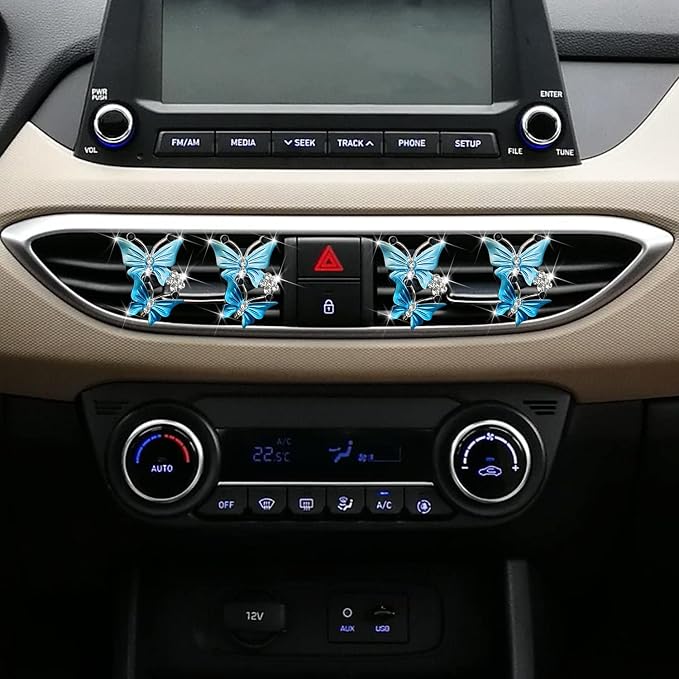 Car Air Fresheners Vent Clips for Women, Cute Dual Butterfly Diamond Rhinestone Air Freshener Vent Clip Sparkly Bling Car Accessories for Women (Blue)