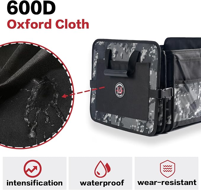 LIBZAKI Car Trunk Organizer,3 Compartments Big Trunk Storage, Large Capacity, Foldable, 95L Heavy Duty Storage Box for Car, SUV, Truck,Jeep, Includes 26L Cooler Bag-Black Camouflage