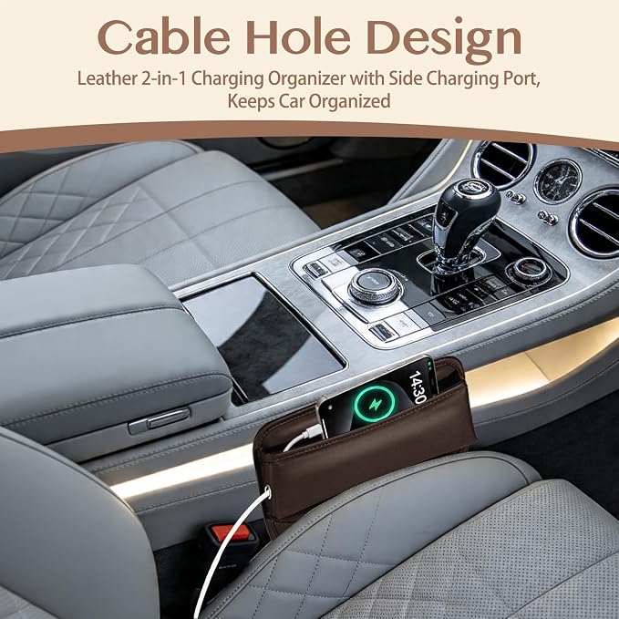 Car Seat Gap Filler Organizer, Premium PU Leather Console Catcher Side Storage Box with Cable Management Holes, Universal Fit Gap Stuffer for Phones & Wallets, Black 1 Pack