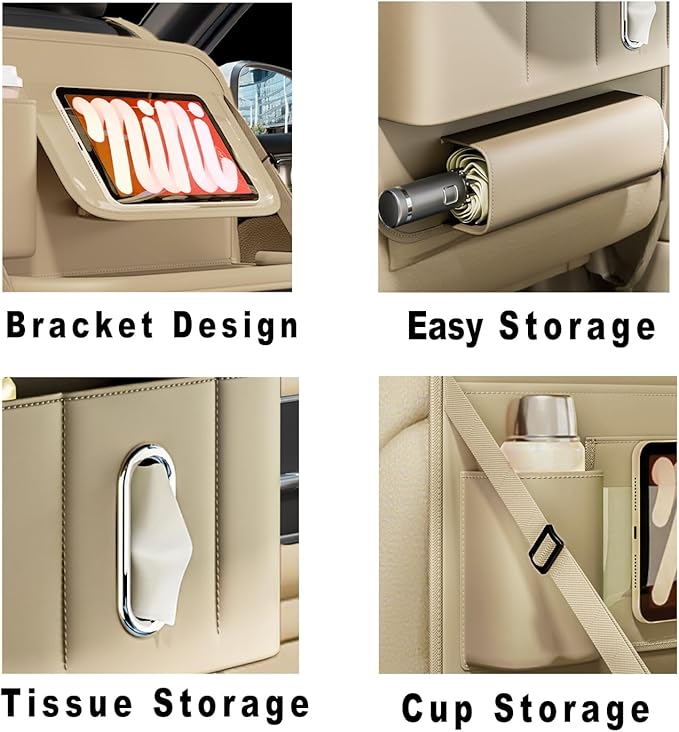 XDV Car Seat Organizers,Multi-functional Back Seat Protectors, Storage Pouches, Child kicking prevention and Tray Holders (for Cars, Kids, Seat Back and Rear Seats) (Beige, 1 Pcs)
