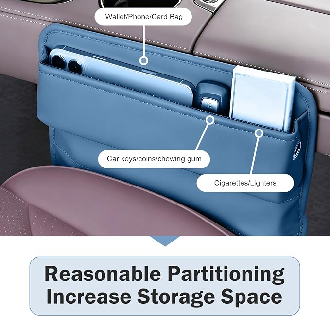 Car Seat Gap Organizer, Leather Multi-Pocket Storage Pouch, Automotive Seat Gap Organizer for Phone, Keys & Small Items, Universal for Most Cars (Blue)