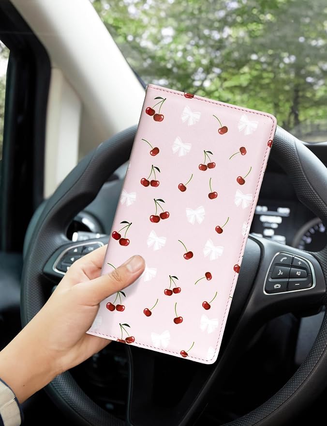 Mymazn Car Registration and Insurance Holder, PU Leather Glove Box Car Organizer with Magnetic Closure for Driver's License & Essential Documents (Pink Cherry)