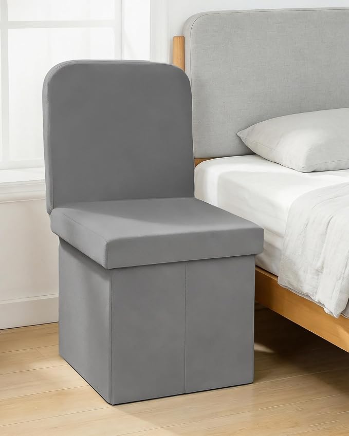 B FSOBEIIALEO Velvet Storage Ottoman with Seat Back, Folding Chair for Living Room, Room Organizer Storage Cubes, Toy Chest Storage Box (Grey, Medium)