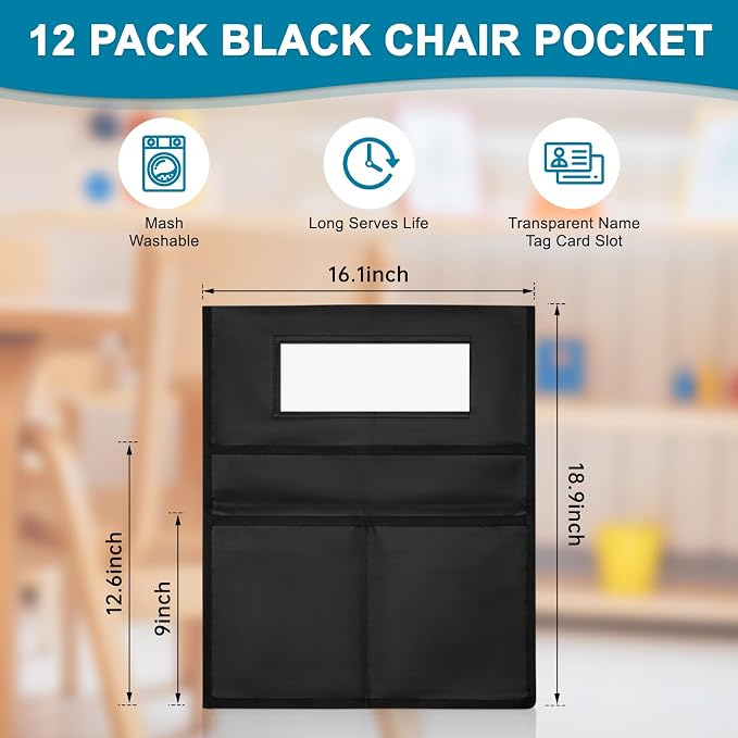 12 Pack Chair Pockets for Classrooms, Black Chair Pocket with 3 Heavy Duty Storage Pocket, Chair Back Buddy Pockets with Name Tag Slot, Chair Back Storage Organizer for Classroom, Home, 16 x 19 Inch