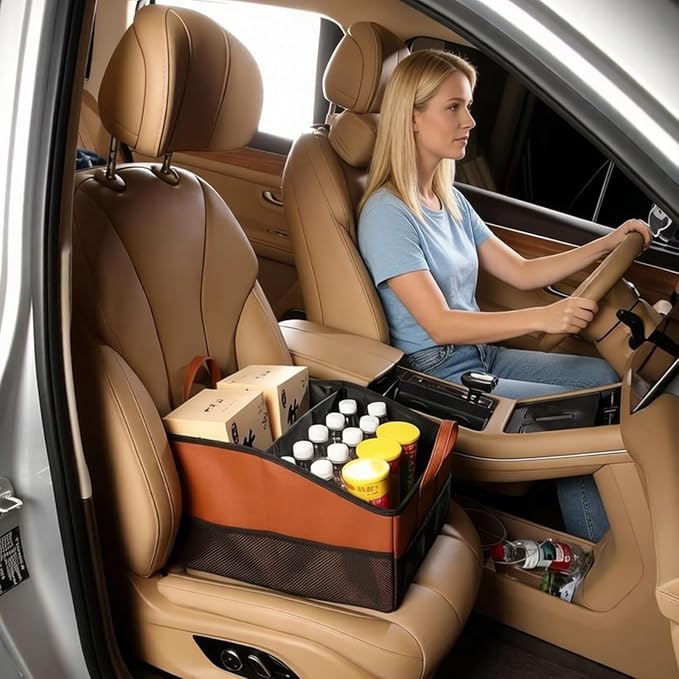 Collapsible Car Seat Organizer with 9 Compartments, Folds Flat, Brown | Dividable Partitions storage with dividers & mesh pockets. Fits front/back seats. Folds flat for easy storage when not in use