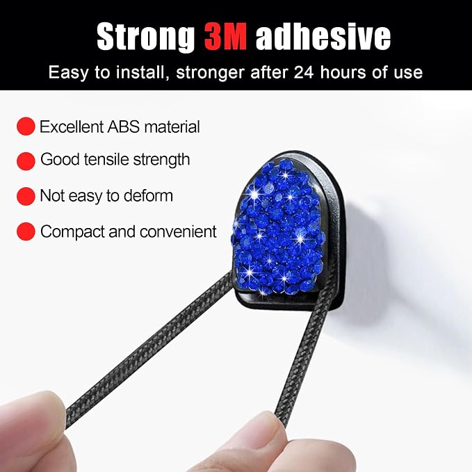 Yourkar 4PCS Bling Car Mini Hooks, Multifunctional Adhesive Small Auto Storage Hook for Key Cable Mask, Crystal Rhinestone Dashboard Hanging Hook, Interior Decor Car Accessories (Blue)