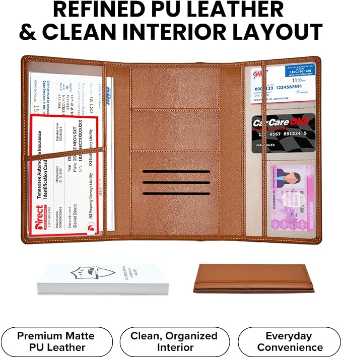LINTRU Car Registration and Insurance Holder, 12-Pocket Trifold, Glove Box | 3.0mm Reinforced, 16"×9.5" Oversized, Elastic Strap No Magnet, PU Leather, Car Accessories for Men Women