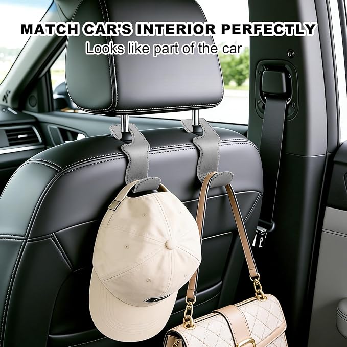 EldHus Car Seat Hooks for Purses and Bags, 4 Pack Car Purse Holder for Grocery Bag Handbag Clothes, Metal Headrest Hooks Covered by Leather, Gray